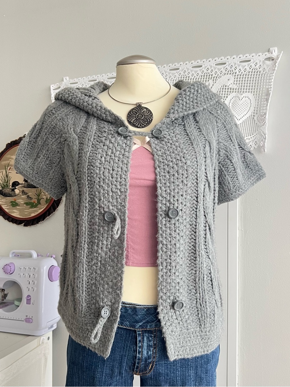 Jacob Gray Hooded Knit Short-Sleeve Sweater Cardigan